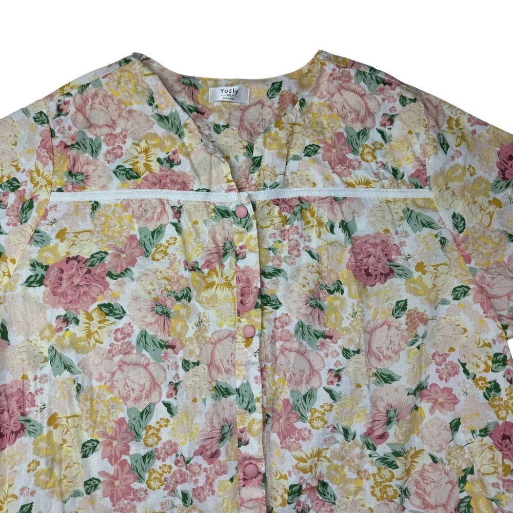 Yozly Dress Women's 2XL House Pastel Floral Short Sleeve Snap Front Pockets Top - Picture 4 of 11
